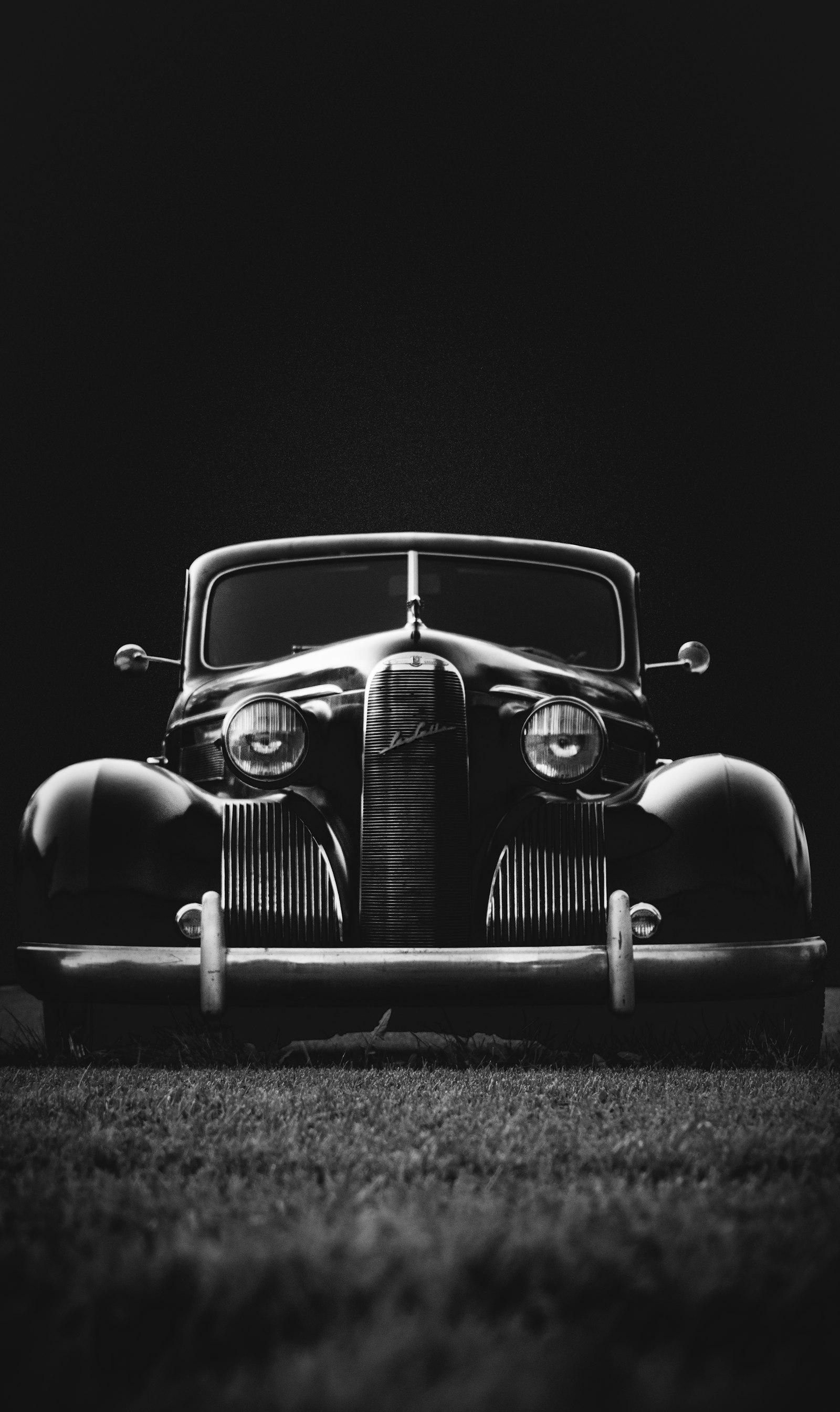 A classic vehicle photographed in monochrome